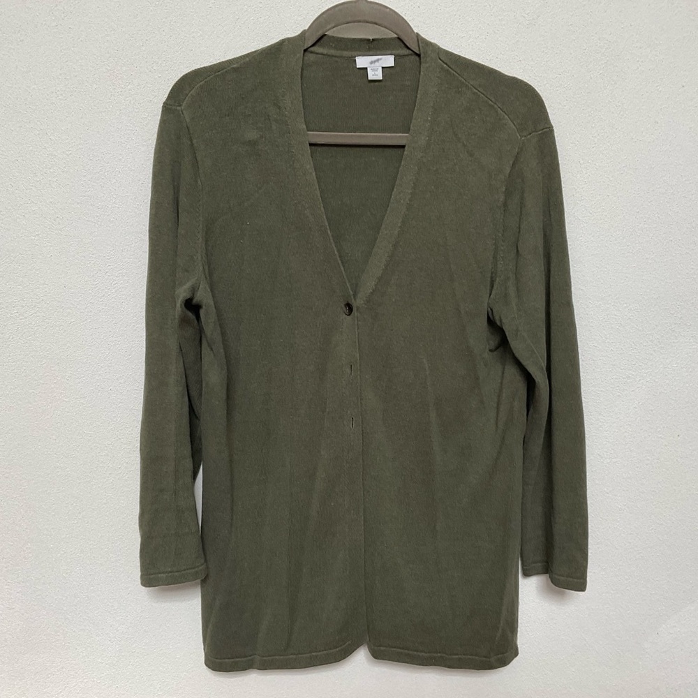 J Jill Army Green 3 Button Cardigan Size Large Petite Fall Winter Layer
